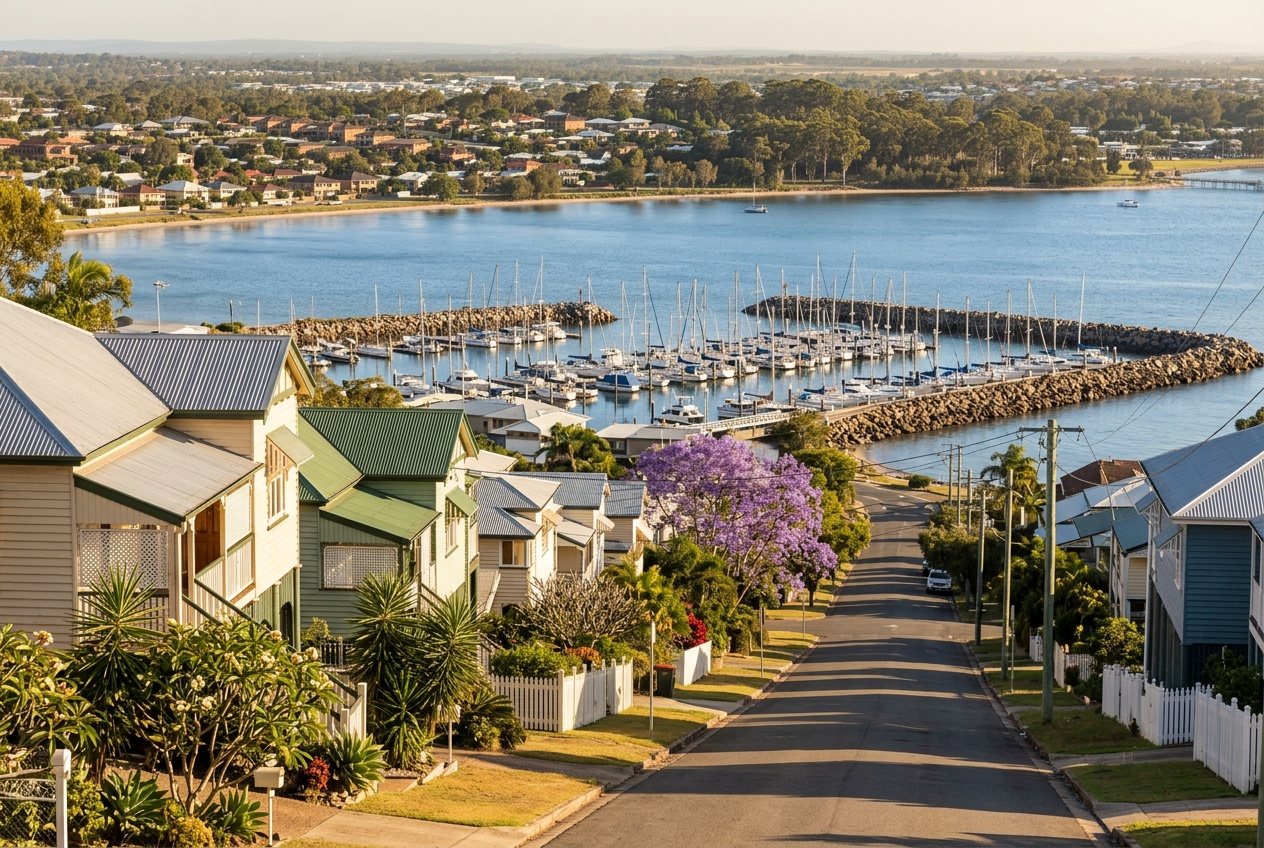 Looking down a Manly hill street to the boat harbour, the flatter suburb inland behind