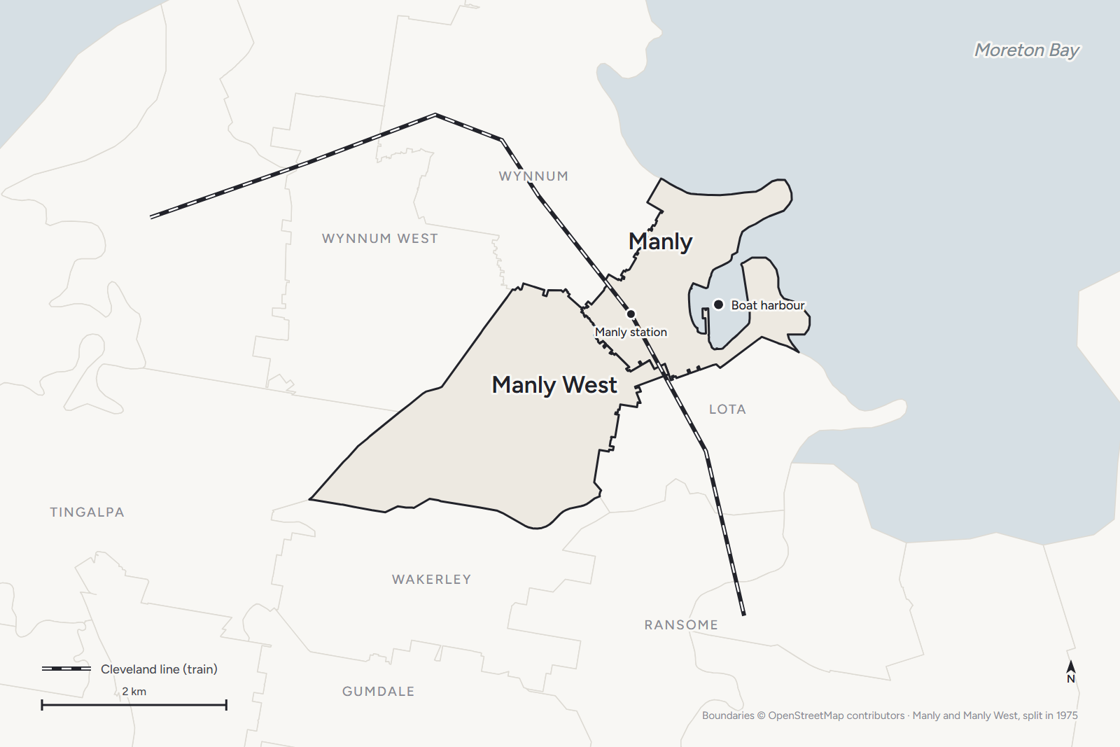Map of Manly and Manly West, one suburb until 1975