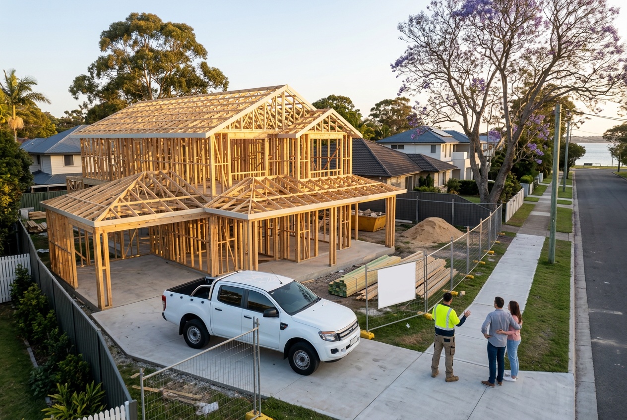A small builder's frame-stage job on a Bayside street, a builder talking with a couple on the footpath