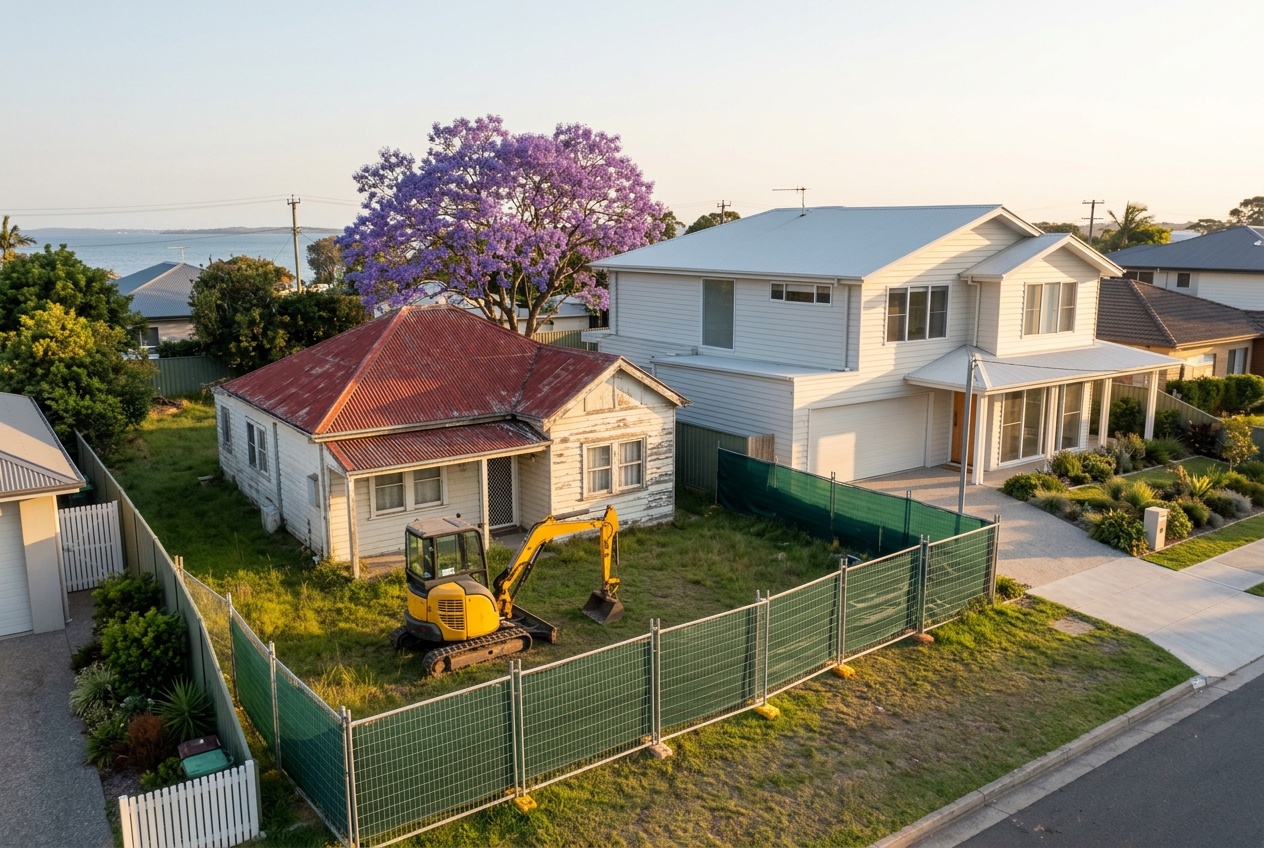 A small post-war cottage behind temporary fencing with an excavator, a new two-storey home next door