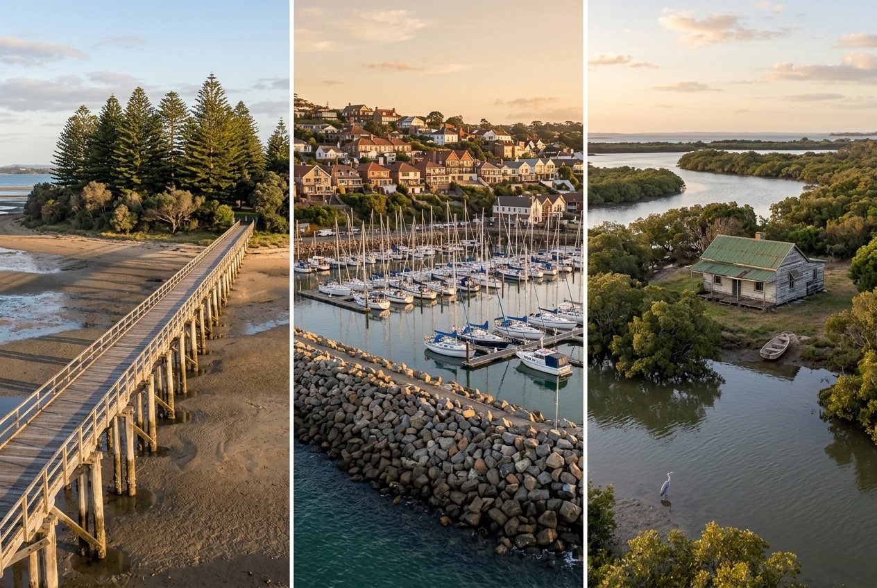 Three panels: Wynnum's jetty, Manly's boat harbour, Lota's mangrove foreshore