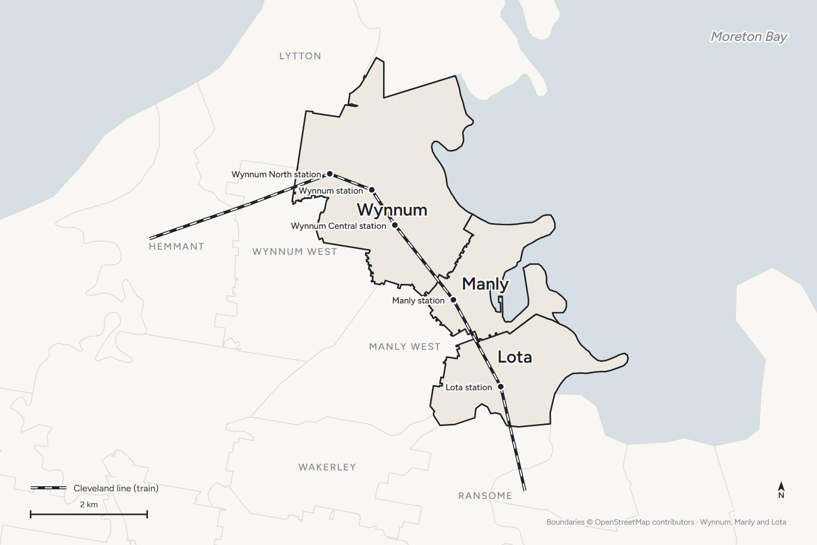 Map of Wynnum, Manly and Lota with their stations