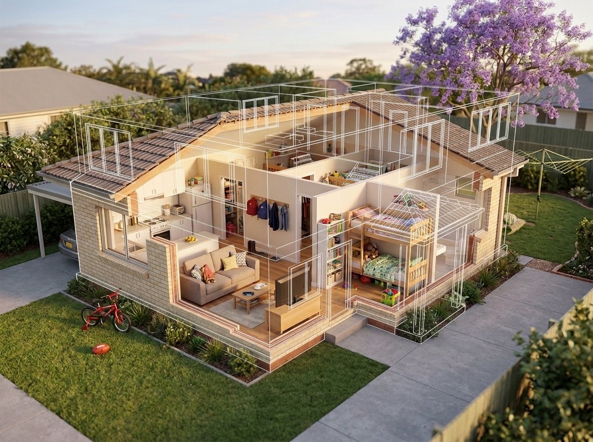 The architect's drawings of the new home over the old house