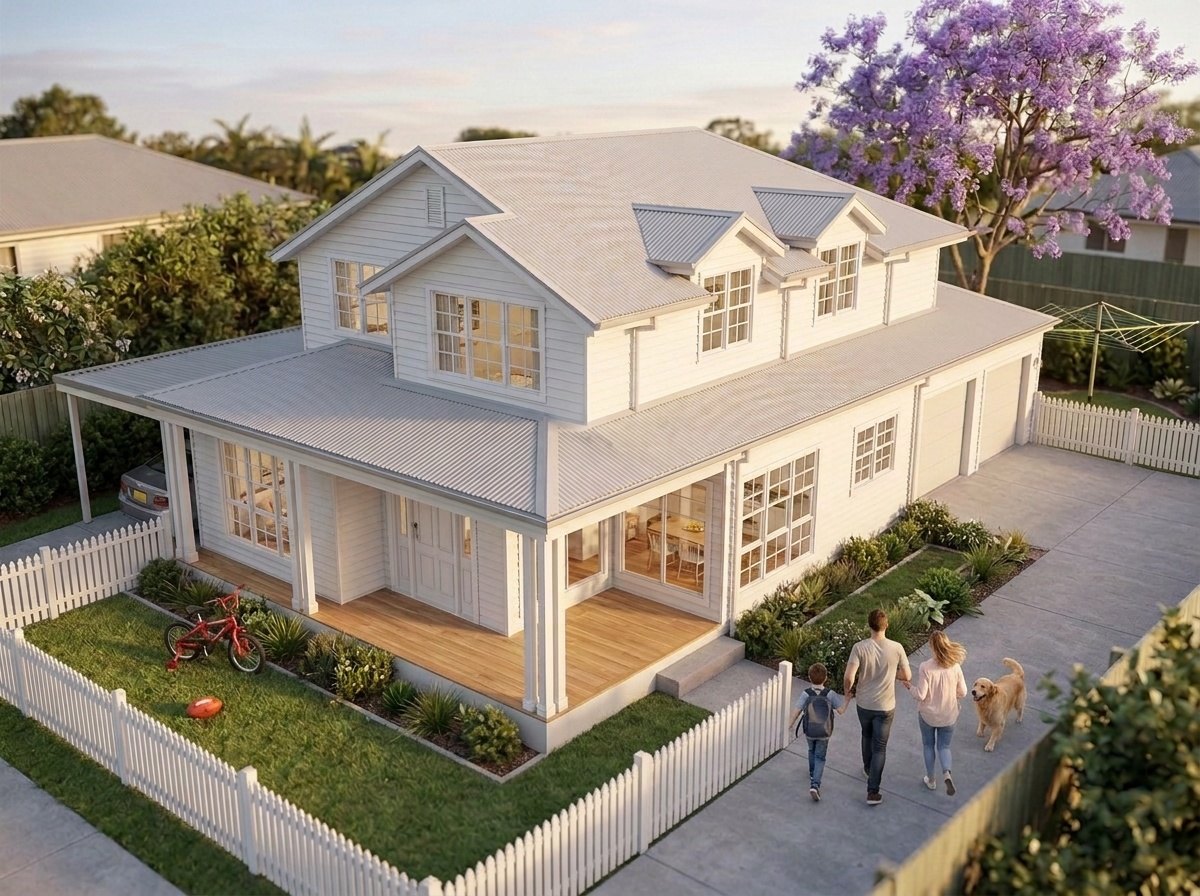 The family running into their new two-storey home, a visualisation