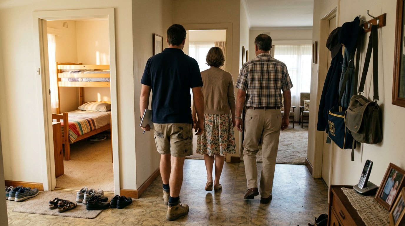 A builder walking through a family's house with them, seen from behind