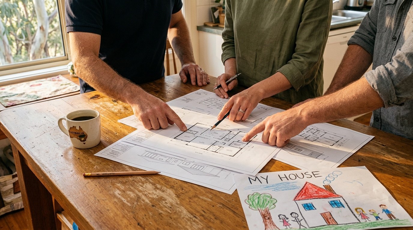 Plans spread across a kitchen table, hands pointing at them