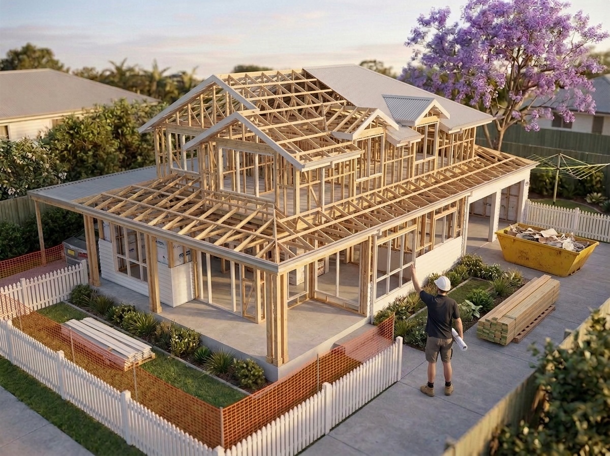 The new home going up, with the builder on site, a visualisation