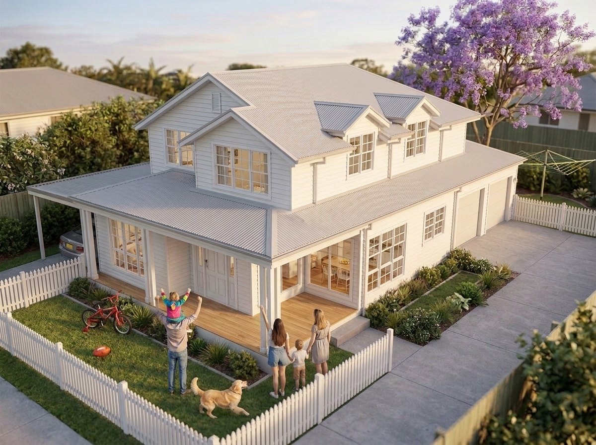 A happy family on the front lawn of their new home, a visualisation
